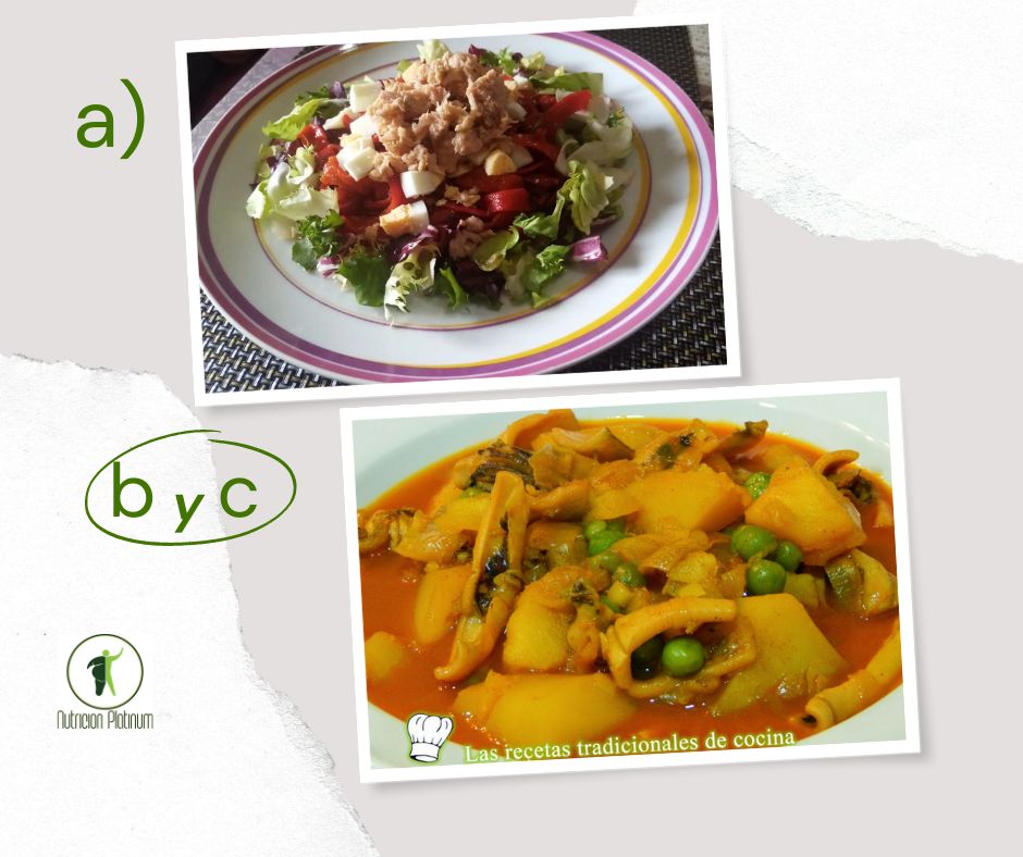 Ensalada de pimientos asados atún y huevo conguiso de calamares con patatas y guisantes